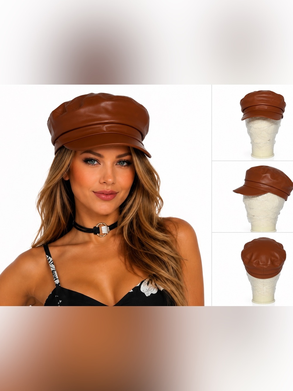 (Y2K) (McBling ) Faux Leather Brown Baker Boy Newsboy Cap Hat